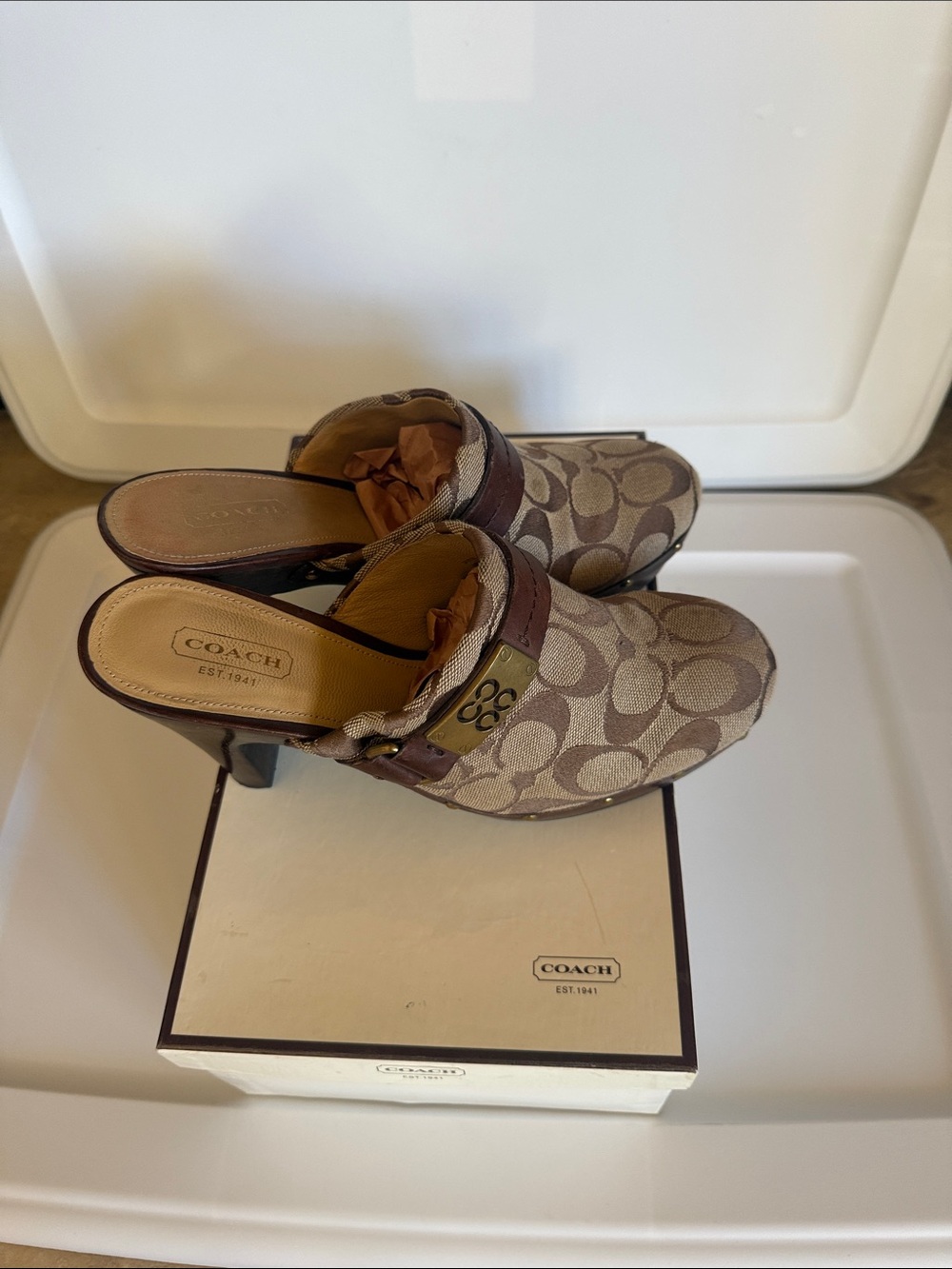 Coach Designer Ivy Vintage Studded Signature C Monogram Canvas Clog Mules Heel 7 - Picture 5 of 11